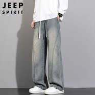 JEEP SPIRIT吉普闊腿牛仔褲男士夏季薄款寬松直筒拼接彎刀長(zhǎng)褲 懷舊色  XL 