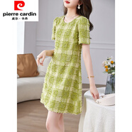 皮爾卡丹（pierre cardin）歐洲站2025夏季新款高端洋氣小個(gè)子韓版休閑格子毛須短袖連衣裙女 綠色 M 100斤內(nèi)