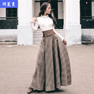 顧夕岑木耳邊毛衣女文藝復古格子毛呢半身長(cháng)裙收腰法式套裝裙套裝秋冬 034毛衣灰色格子套裝 S
