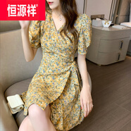 恒源祥冰絲夏法式復古碎花連衣裙女小清新v領收腰顯瘦印花雪紡短袖裙子 黃色 M 建議95-105斤
