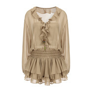 LACERTA/萊瑟塔25夏季v領(lǐng)花邊度假風(fēng)雪紡連衣裙打攬荷葉邊短裙長(cháng)袖連衣裙 豆綠色 含吊帶 M