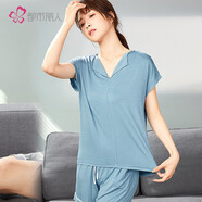 都市麗人睡衣女夏季寬松V領(lǐng)舒適透氣撞色腳口簡(jiǎn)約優(yōu)雅短袖短褲套裝2H1201
