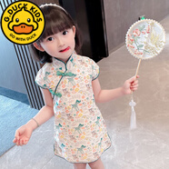 G.DUCKKIDS童裝女童旗袍裙2024新款夏裝女孩中國風連衣裙夏季碎花寶寶公主裙 旗袍綠色鹿 80 cm適合70-80cm1-2歲
