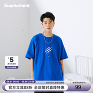 SuaMoment抓痕基礎字母短袖純色簡約潮流寬松百搭T恤情侶同款體恤 藍色 M