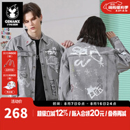 閃電潮牌（GENANX）牛仔外套男春季灰色磨白做舊涂鴉茄克衫街頭潮咔純棉牛仔夾克 灰色 M