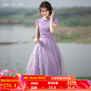 煙花燙短袖超仙森系連衣裙女2025春新品淑女收腰繡花網(wǎng)紗中長裙子 化雪 紫 色 S