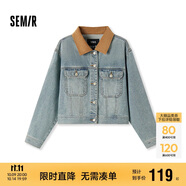 森馬（Semir）森柔牛仔|牛仔外套女短款翻領(lǐng)做舊秋夾克小個(gè)子街頭103524108001