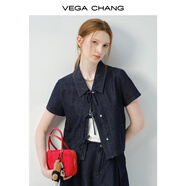 VEGA CHANG襯衫女2025新款夏通勤休閑翻領(lǐng)蝴蝶結系帶短袖襯衣外套 深牛仔藍（襯衫） M