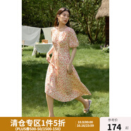 獨束大碼女裝甜美氣質(zhì)高腰碎花連衣裙夏季新品微胖mm優(yōu)雅簡約裙子 粉橙色 XL (尺碼：3) (尺碼：3)