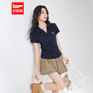 IEF/愛(ài)依服2025夏季新款韓版簡(jiǎn)約純色休閑風(fēng)通勤百搭正肩短袖上衣 藏藍(lán) S