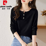 皮爾卡丹（pierre cardin）純色長(zhǎng)袖t恤女2025春裝新款女士春秋打底衫減齡漂亮洋氣上衣內(nèi)搭 E8-黑色 XL 適合100-110斤