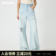 KEIGAN/開間口碑歐洲進口手工破洞不規(guī)則拉須雅痞直筒低腰牛仔褲 CE冰藍 XS 32