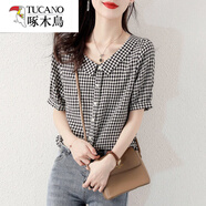啄木鳥(niǎo)棉條紋五分短袖襯衫女寬松襯衣2025年夏裝新款中年女士上衣減齡 娃娃領(lǐng)格子襯衣 4XL 建議140-155斤