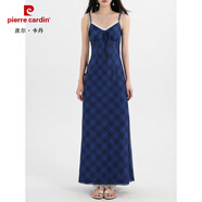皮爾卡丹（pierre cardin）歐美復(fù)古格紋吊帶連衣裙春夏季新款辣妹網(wǎng)紗V領(lǐng)長(zhǎng)裙子 深藍(lán)色 XL