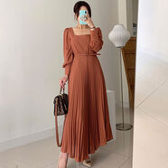 韓國chic秋季洋氣優(yōu)雅方領(lǐng)顯瘦收腰燈籠袖長(cháng)款百褶連衣裙配腰帶女 橘紅色 S S