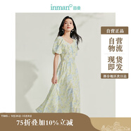 茵曼（INMAN）植物花卉印花女裝V領(lǐng)連衣裙2025春季新品裙子 青綠江山短袖  XL
