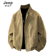 JEEP SPlRlT美式復古麂皮絨立領(lǐng)皮夾克男戶(hù)外防風(fēng)防水機車(chē)外套高級感棒球服潮 卡其色【春秋款】 XL
