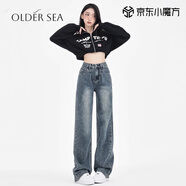 OLDER SEA復(fù)古藍(lán)闊腿牛仔褲女夏季新款小個(gè)子寬松高腰顯瘦窄版直筒褲子女 復(fù)古藍(lán) S