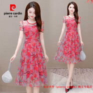 皮爾卡丹（pierre cardin）2025夏季流行楓葉花收腰遮肚子網(wǎng)紗連衣裙女中長(cháng)款印花氣質(zhì)媽媽裙 紅色(楓葉花) 2XL 建議110-120斤