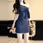 希蘇隆法式藍色無(wú)袖斜肩碎花連衣裙子女夏季2025新款小個(gè)子氣質(zhì)包臀短裙 藏青色2025初夏穿搭連身裙裙子20 M 4555kg