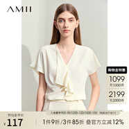 AMII2025夏新款通勤V領(lǐng)不對(duì)稱拼荷葉邊連袖雪紡T恤女碎褶12442080 米白 160/84A/M