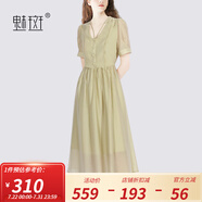 魅斑薄荷曼波風(fēng)薄荷綠連衣裙女2024夏季新款萊賽爾V領(lǐng)鏤空裙子女 淺綠色 M