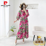 皮爾卡丹（PIERRE CARDIN）棉綢連衣裙女夏季韓版寬松大擺波西米亞碎花氣質(zhì)人造棉沙灘長裙子 玫紅色 L 大號（建議145斤-175斤)