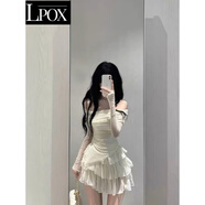 LPOX欲甜辣套裝女修身顯瘦長(cháng)袖一字肩上衣辣妹高腰蛋糕裙女短裙子 米白色 (單件-紗網(wǎng)蕾絲一字肩上 S (90斤內)