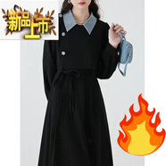 初徑加絨加厚法式桔梗假兩件長袖連衣裙女秋冬新款感氣質遮肉裙子 感氣質連衣裙(黑色加絨加厚) M 適合80-100斤