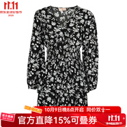 Moony Mood女裝短款連衣裙2025新款黑色/白色印花長(zhǎng)袖V領(lǐng)收腰短裙雪紡裙 AH2 黑色白色 M