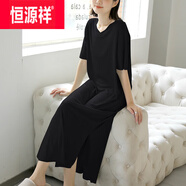 恒源祥2025新款冰絲V領(lǐng)短袖純色長裙女夏季薄款外穿a字裙顯瘦開叉連衣裙 黑色 L 80-120斤