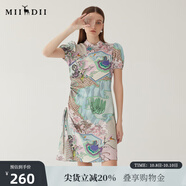 謎底新中式連衣裙短袖2024夏款復(fù)古印花國風(fēng)旗袍裙抽繩246ML7026 淺紫花 L