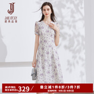 經(jīng)典故事（JANE STORY）法式茶歇連衣裙女2024夏季新款泡泡袖收腰溫柔長(cháng)裙氣質(zhì)碎花雪紡裙 白底紫花 XL