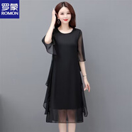 羅蒙（ROMON）大碼連衣裙女裝新款夏季冰絲純色雪紡長(cháng)裙中長(cháng)款寬松洋氣顯瘦裙子 黑色雪紡裙 L 建議105-115斤