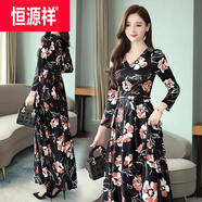 恒源祥秋季連衣裙女新款時(shí)尚女裝歐美大碼寬松長(cháng)款裙子女洋氣潮流 03花紅色 2XL