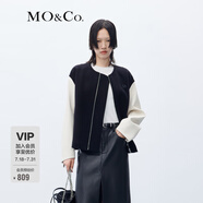 MO&Co.撞色皮袖拼接寬松綿羊毛無領(lǐng)外套美式風(fēng)格輕軟質(zhì)地夾克大衣 黑色 M 165