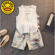 G.DUCKKIDS嬰兒衣服男寶寶棉麻套裝1-6歲男孩小童夏裝夏季背心簡(jiǎn)約風(fēng)韓版潮 白色漢服男童套裝 110 cm適合100-110cm年齡4-5歲