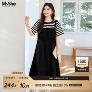 MsShe【條紋拼接假兩件連衣裙】大碼女裝2025夏裝胖mm顯瘦長(cháng)裙子 黑色現貨 5XL