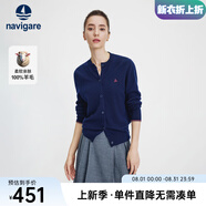 Navigare意大利小帆船毛衣外套女士秋冬款純羊毛圓領(lǐng)羊毛衫氣質(zhì)針織開(kāi)衫 藏青 L