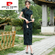 皮爾卡丹長(cháng)袖旗袍長(cháng)款日常復古改良版早秋新款年輕顯瘦連衣裙黑色彈力 單層牛奶絲植絨  黑梅短袖 M 建議90-100斤左右