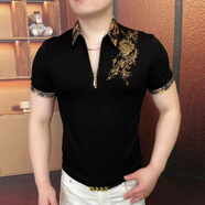 MOKITOUL國際品牌潮牌男裝國際品牌潮牌男裝夏季男士短袖T恤輕奢半拉鏈 黑色(金紋雅仕)(禮盒包裝)(禮盒包裝) M (建議95-115斤)
