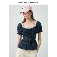 VEGA CHANG襯衫女2026新款夏季通勤百搭波點(diǎn)方領(lǐng)蕾絲拼接短袖小衫 深藍波點(diǎn) L