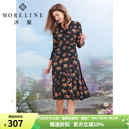 MORELINE沐蘭商城同款設(shè)計(jì)感印花連衣裙2023秋季新款優(yōu)雅法式蕾絲中長(zhǎng)裙 克黃花 2XL 44