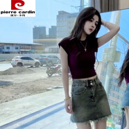 皮爾卡丹（pierre cardin）設計感小眾紫色短袖T恤女夏小個(gè)子搭配時(shí)尚歐貨牛仔短裙兩件套裝 黑色上衣+牛仔裙【套裝】 S 建議80-94斤左右
