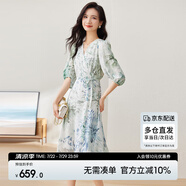 尚都比拉[100%桑蠶絲]夏季短袖真絲連衣裙女V領(lǐng)高級(jí)感氣質(zhì)印花裙 花色 M