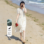 德瑪納【多巴胺調(diào)色盤】夏輕盈魚鱗天絲滌法式V領(lǐng)收腰抽繩刺繡連衣裙女