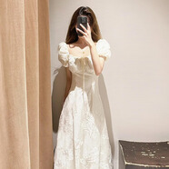 妙奕嘉法式連衣裙裙子女夏2025新款長裙小個(gè)子顯瘦白色連衣裙新品公主裙 泡泡袖系帶裙n M 【建議115內(nèi)】
