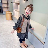 女童加絨連衣裙套裝洋氣碎花寶寶馬甲裙子2件套新款秋冬裝3-8歲潮 藏青色+馬甲 加絨款 100