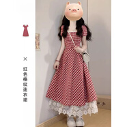 馨瑞緣紅色格紋連衣 女夏季2025新款小個子氣質(zhì)收腰顯瘦a字長 子 紅色長款 XL碼 均碼