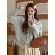 俞兆林（YUZHAOLIN）奶藍色麻花圓領(lǐng)毛衣外套女2025秋冬慵懶小個(gè)子加厚短款針織開(kāi)衫 奶藍色 M